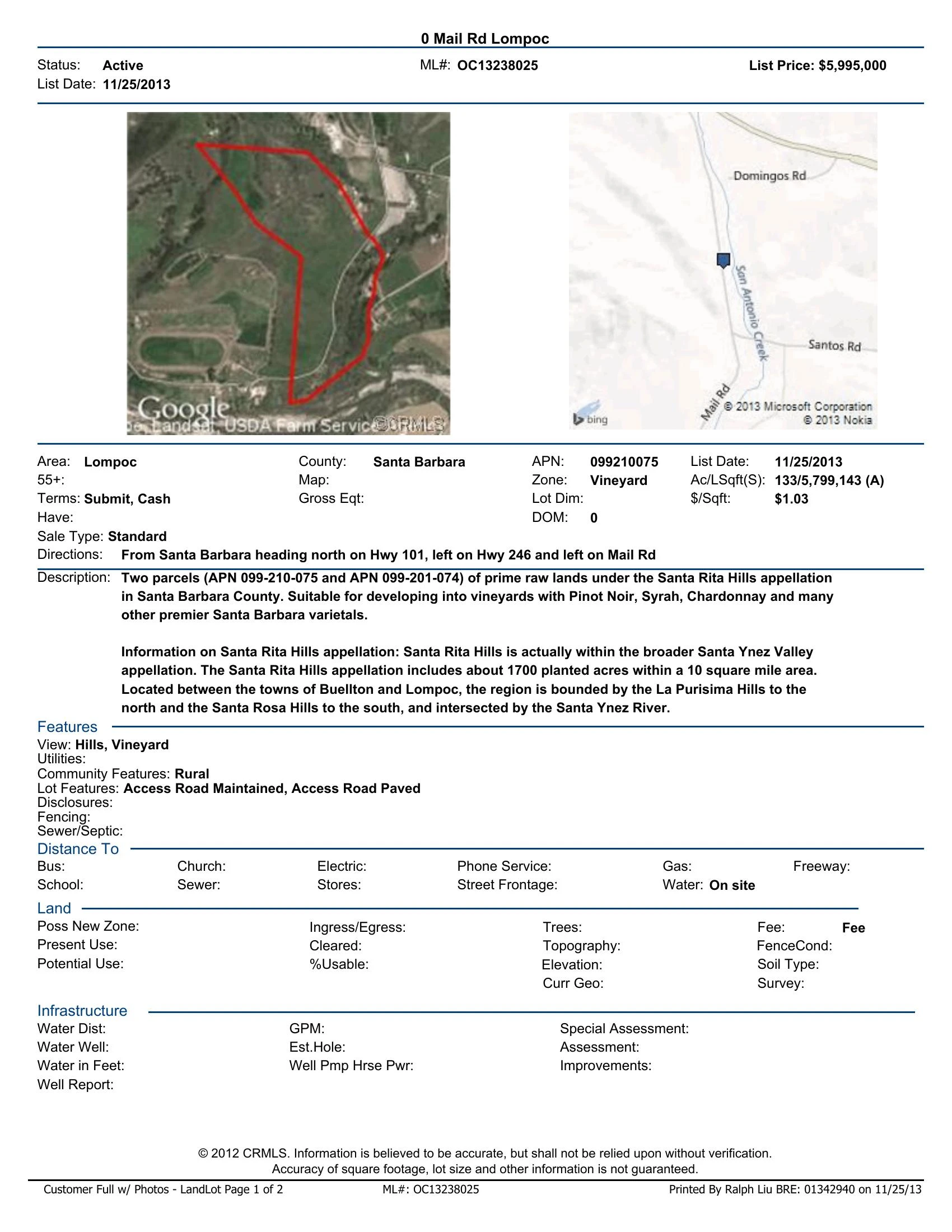 Original brochure for 133.13-acre Prime Land Parcels in Santa Rita Hills Appellation, Santa Ynez