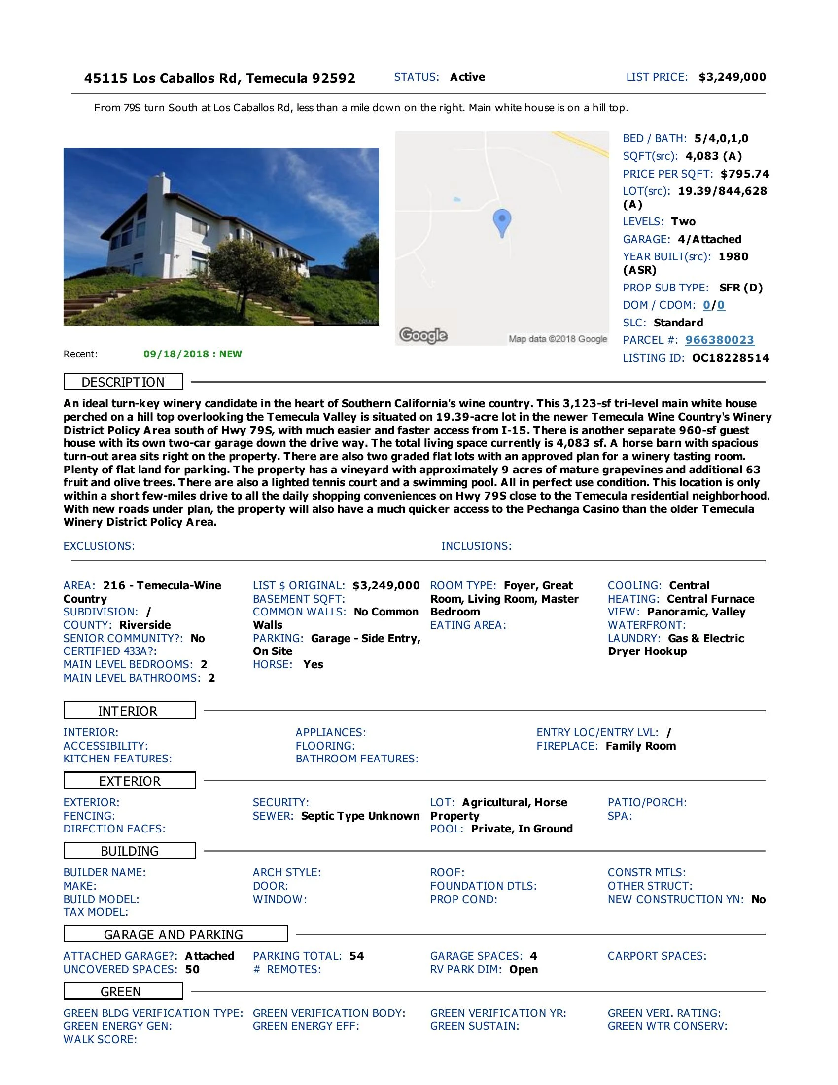 Original brochure for Turnkey winery candidate vineyard estate home