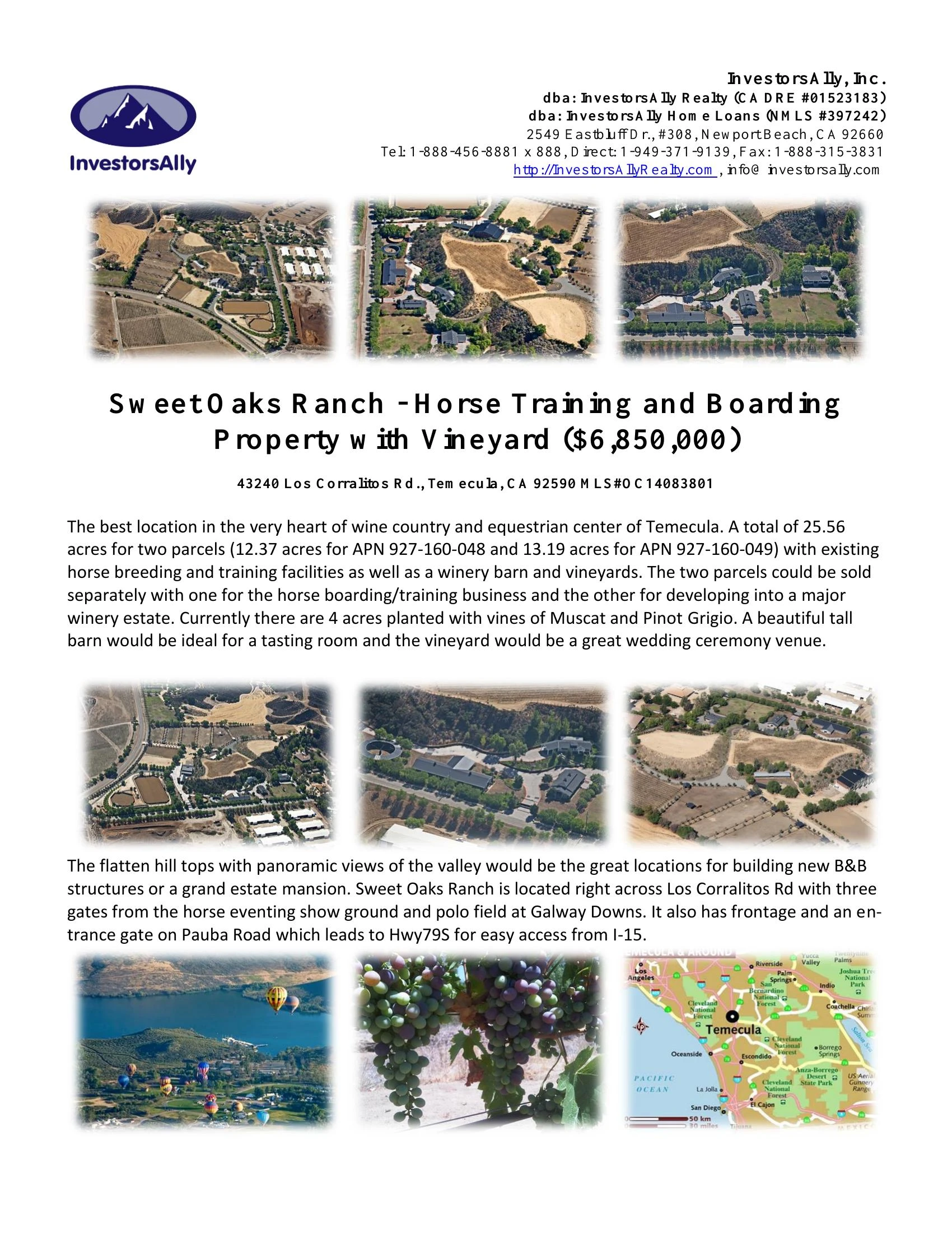 Original brochure for 25.56-acre Sweet Oaks Ranch in Equestrian Center of Temecula, Horse Ranch & Vineyard