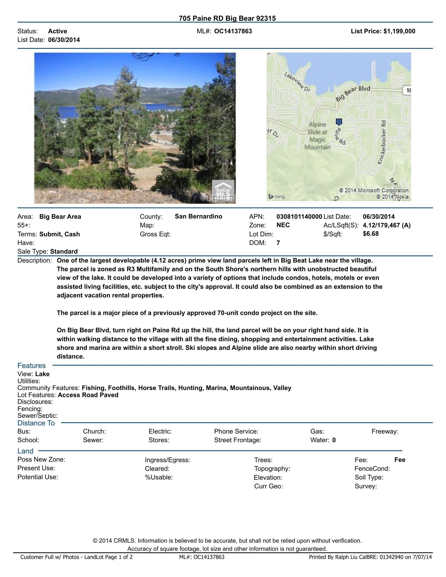 Original brochure for Prime 4.12-acre South Shore (Northern Slope Lake Facing) Big Bear Lake View Land Parcel