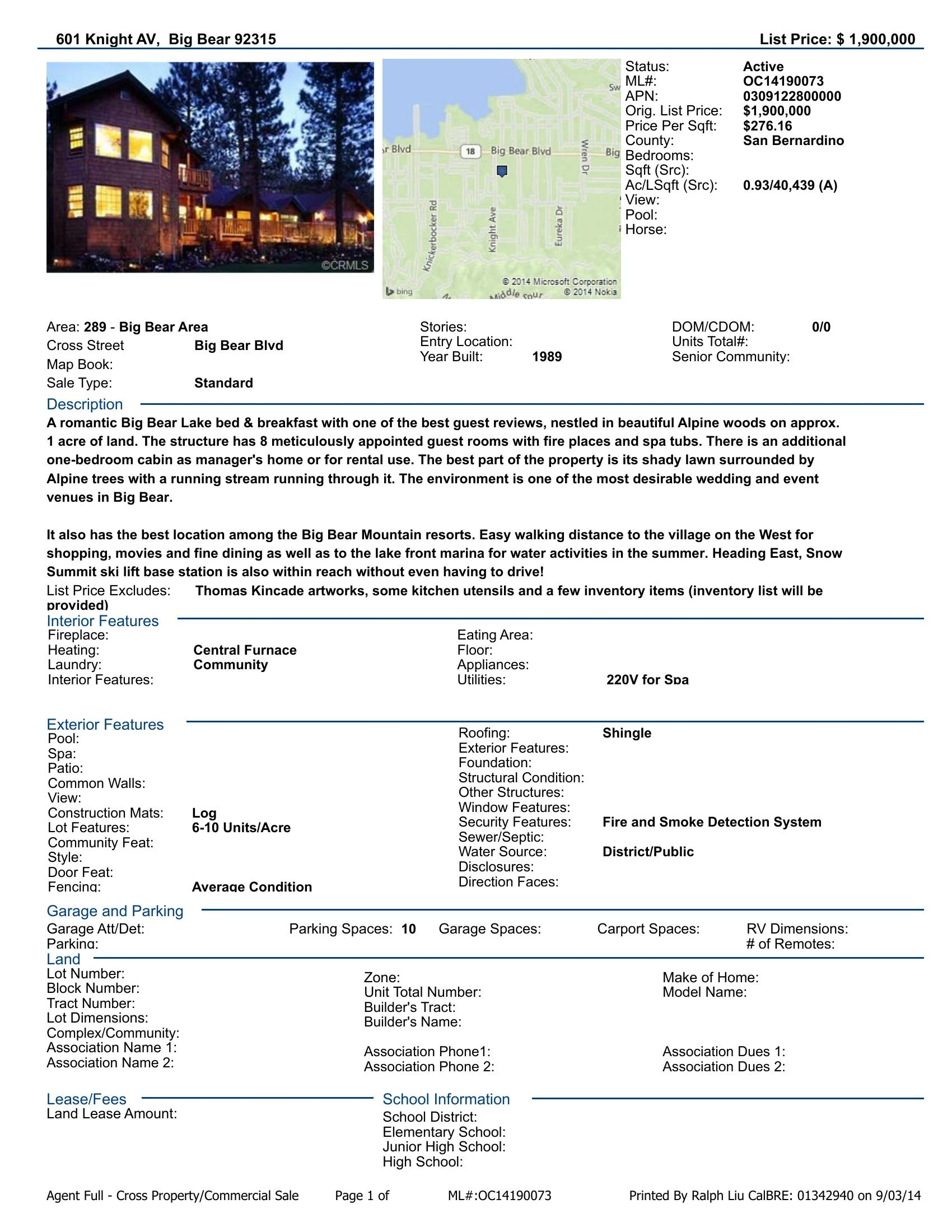 Original brochure for Beautiful 8-room Well-known Alpenhorn Bed & Breakfast on 1-acre of Land in Big Bear Lake