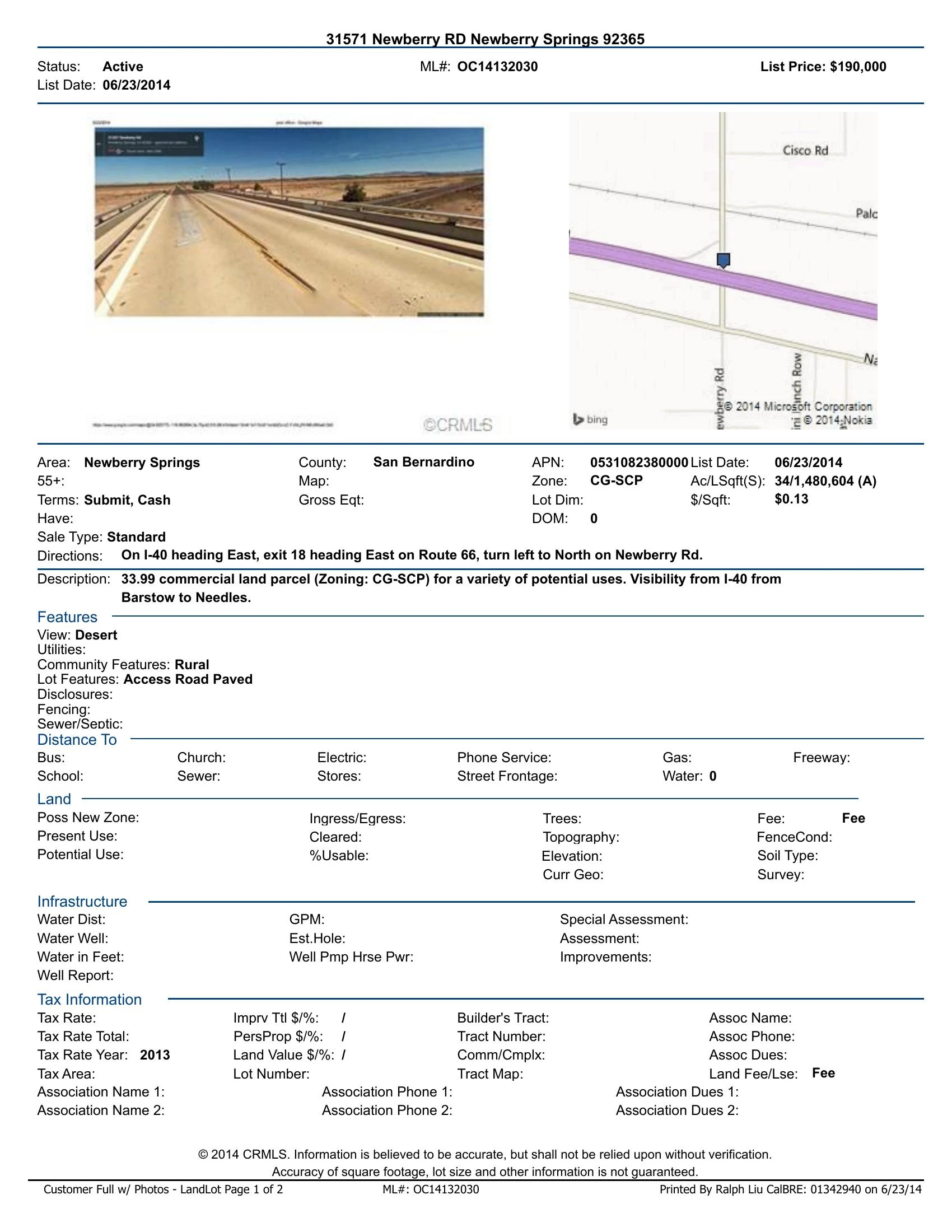 Original brochure for 33.99-ac Commercial Land off I-40 near Barstow in Newberry Springs