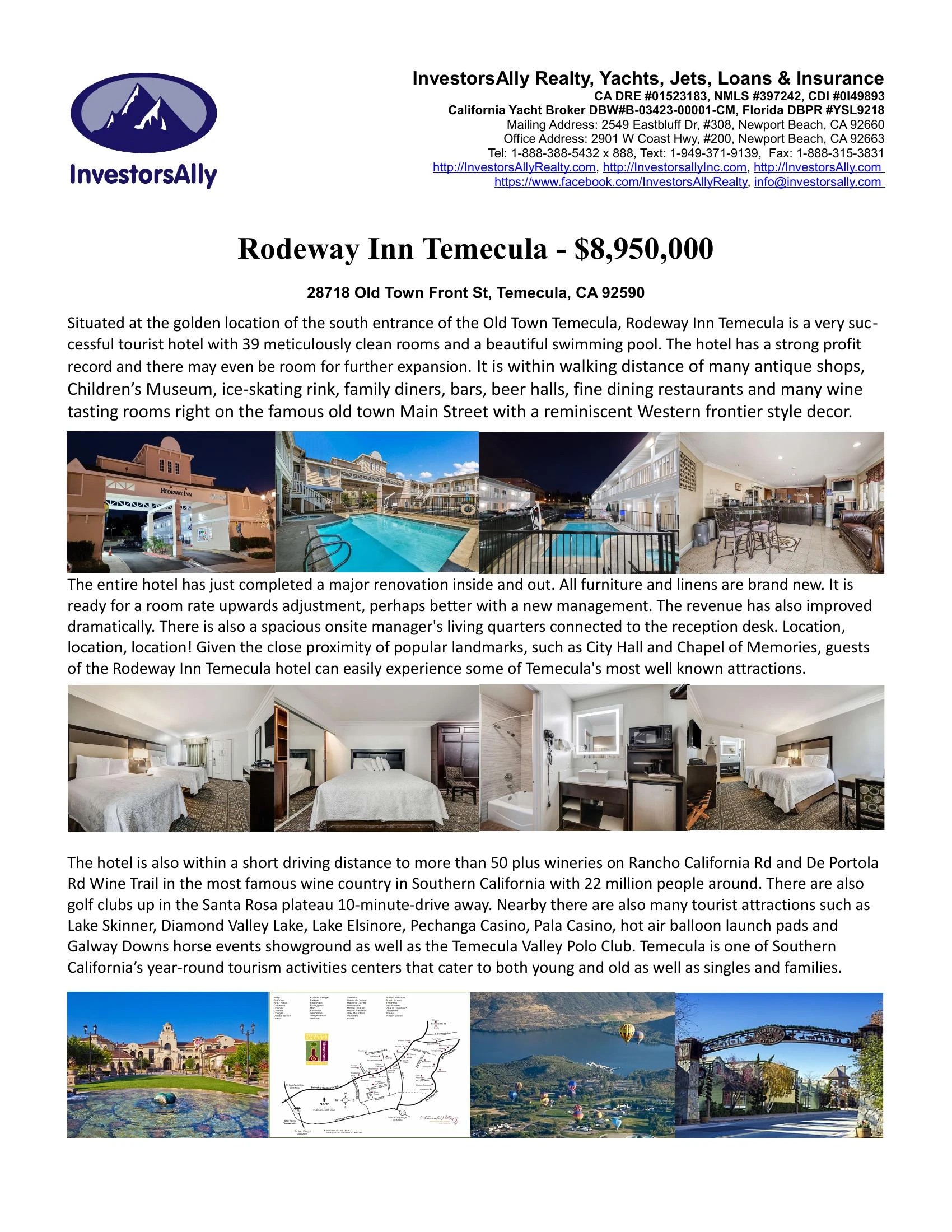 Original brochure for A 39-Room franchise hotel at south end of the Main Street in Old Town Temecula
