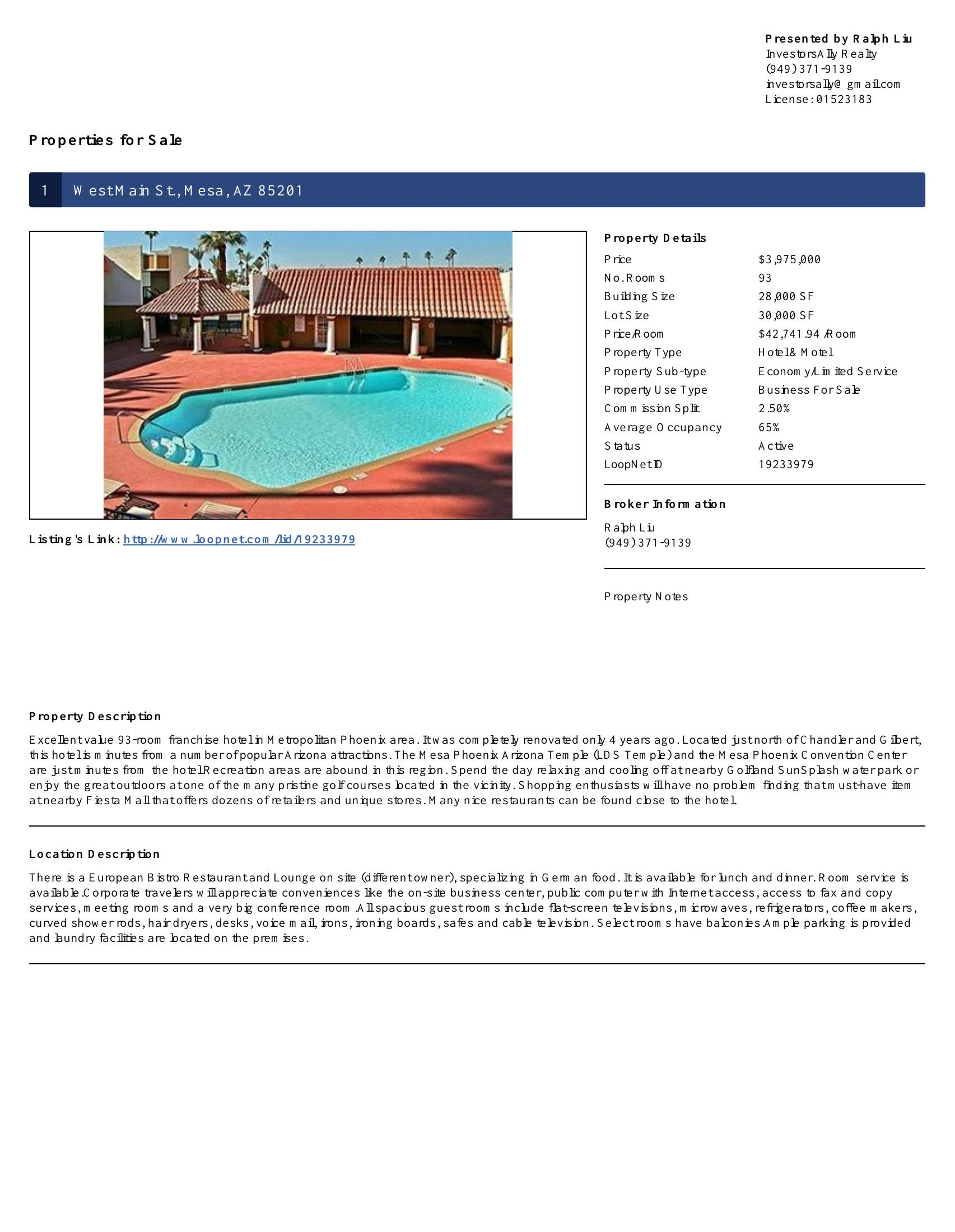 Original brochure for Excellent 93-room 3-star Franchise Hotel with Pool, Restaurant, Gym & Conference Room in Mesa, AZ