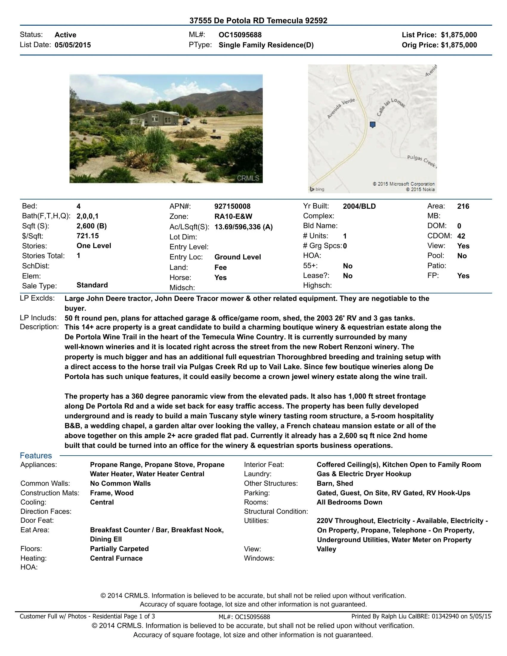 Original brochure for 14-acre winery candidate with existing equestrian sports facilities at prime location on De Portola Wine Trail