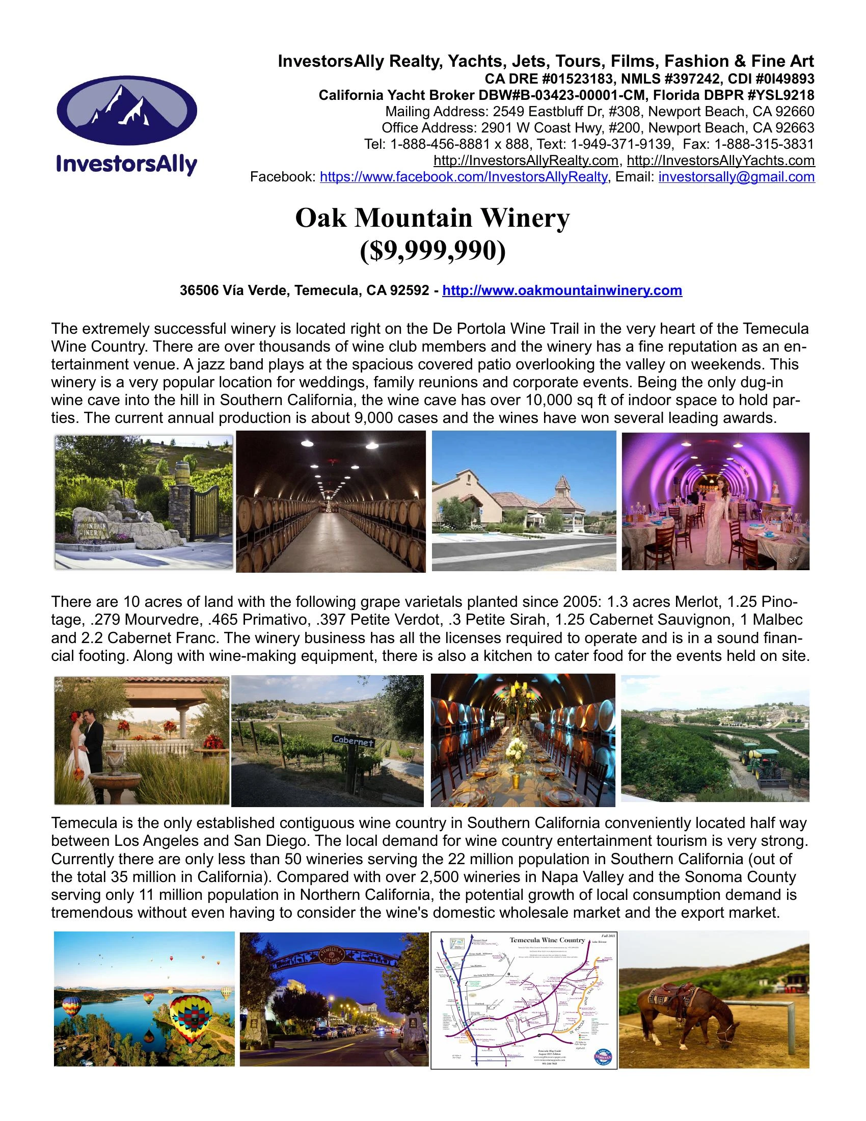Original brochure for The Prestigious Oak Mountain Winery in Temecula, CA