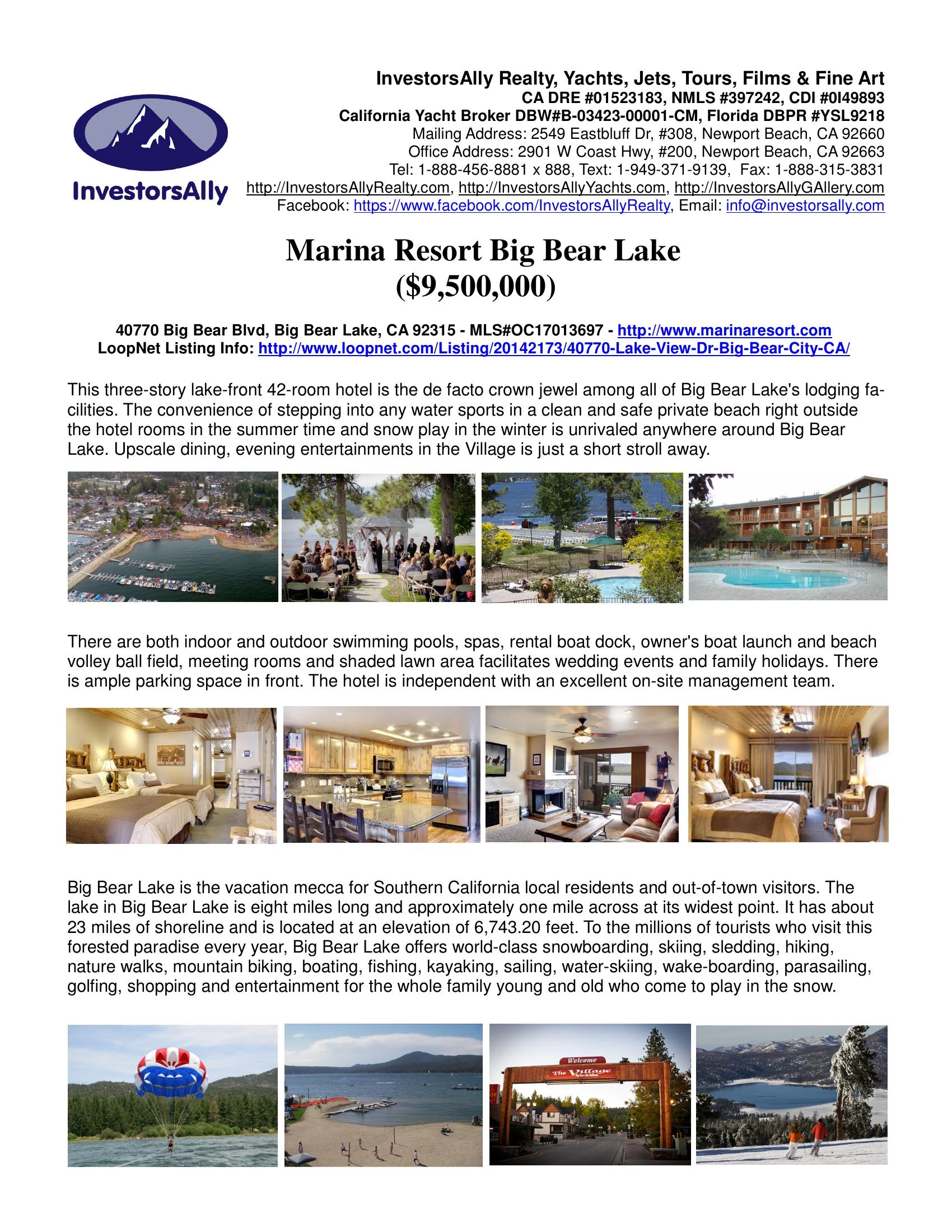 Original brochure for The crown jewel of the Big Bear Lake lodging facilities. The 42-room three-story water front Marina Resort